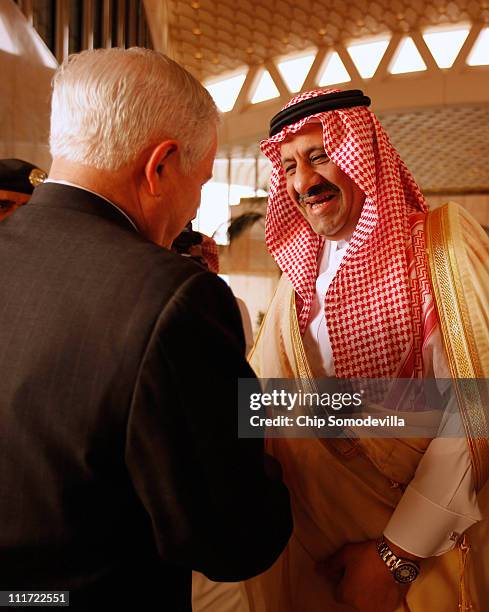 Defense Secretary Robert Gates is greeted by Saudi Assistant Minister of Defense and Aviation Prince Khalid bin Sultan and others after arriving on...