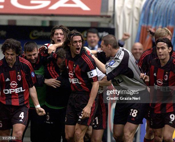 Milan players celebrate their victory following the Serie A match between AC Milan and Parma, played at the San Siro Stadium, Milan. DIGITAL IMAGE...