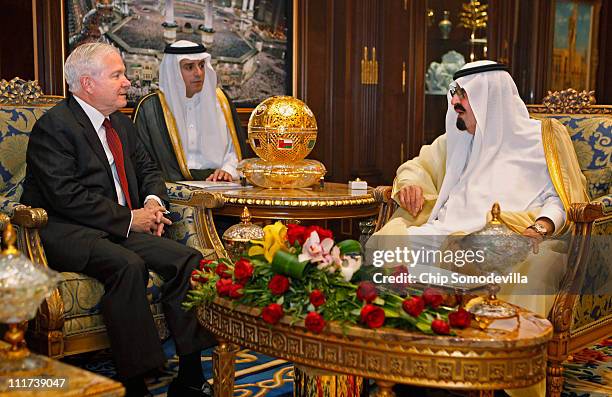 Defense Secretary Robert Gates is received by Saudi Arabia's King Abdullah as Ambassador to the U.S. Adel Al-Jubair translates at the king's Riyadh...