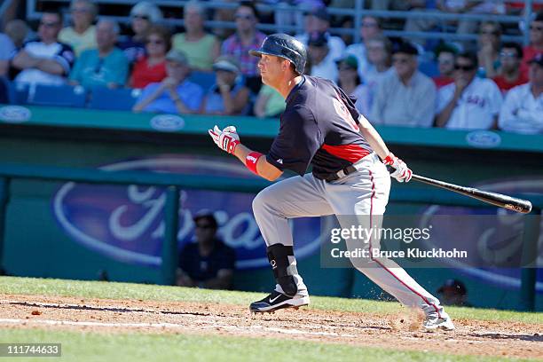 Rene Tosoni of the Minnesota Twins bats against the Boston Red Sox at a Spring Training game February 28, 2011 at City of Palms Park in Fort Myers,...