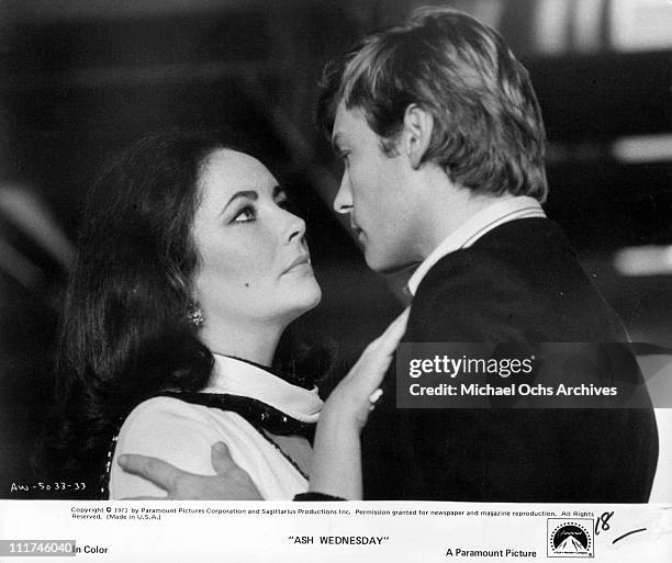 Actress Elizabeth Taylor and actor Keith Helmut Berger embracing in a scene from the film, 'Ash Wednesday,' 1973.