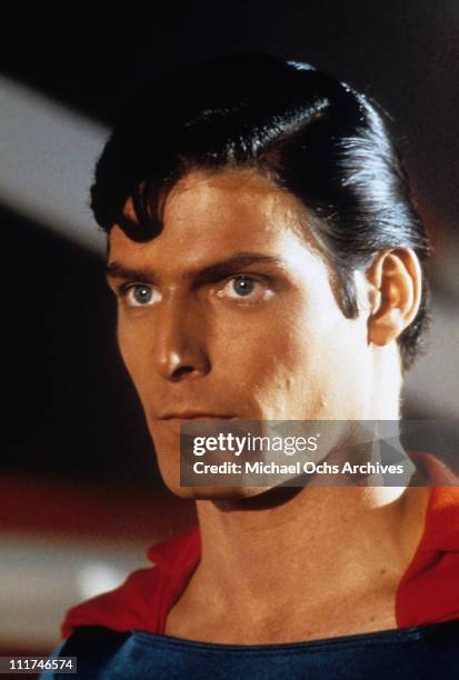 Headshot of actor Christopher Reeve as Superman in a scene from the film, 'Superman,' 1978.