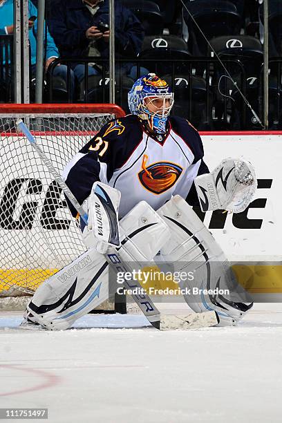 Ondrej Pavelec of the Atlanta Thrashers skates against the Nashville Predators on April 5, 2011 at the Bridgestone Arena in Nashville, Tennessee.