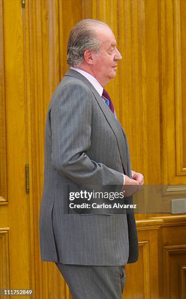 King Juan Carlos I of Spain receives members of "Colegios del Mundo Unido" Foundation at Zarzuela Palace on April 6, 2011 in Madrid, Spain.