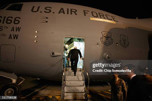 Defense Secretary Robert Gates boards a U.S. Air Force C-17 before departing April 6, 2011 in Riyadh, Saudi Arabia. Gates met with King Abdullah and...