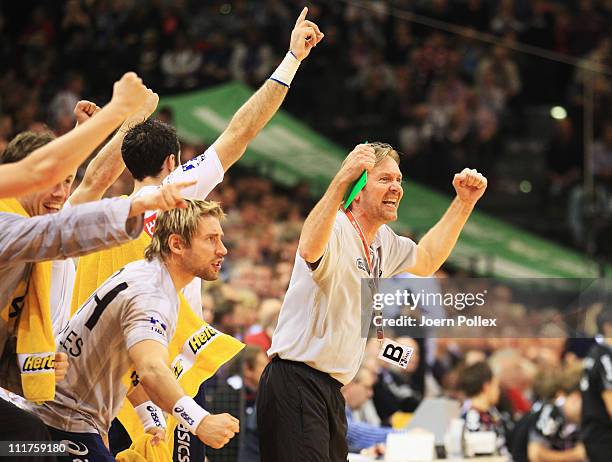 Head coach Martin Schwalb of Hamburg celebrates during the Toyota Handball Bundesliga game between SG Flensburg-Handewitt and HSV Hamburg at the...