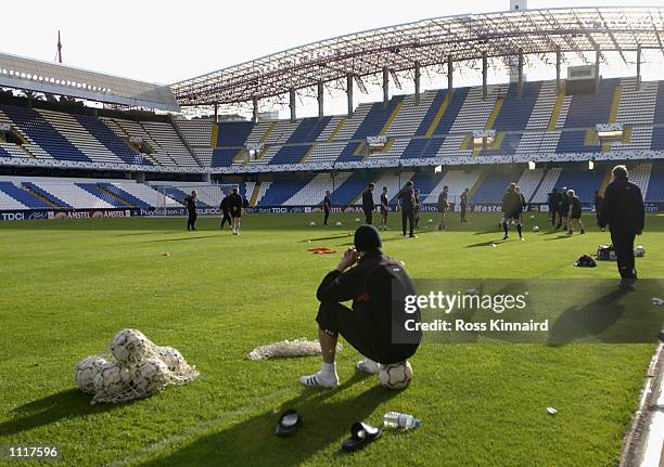 David Beckham of Manchester United sits out training with a sore foot during training ahead of their UEFA Champions League Quarter Final 1st Leg...