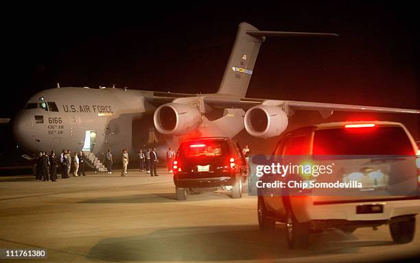 Defense Secretary Robert Gates' motorcade arrives on the tarmac before Gates departs April 6, 2011 in Riyadh, Saudi Arabia. Gates consulted with King...