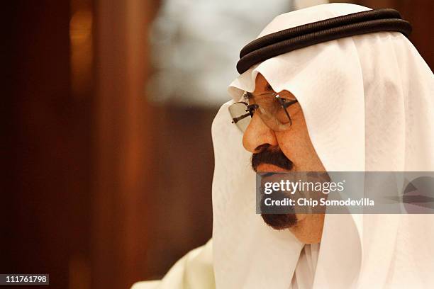 Saudi Arabia's King Abdullah receives U.S. Defense Secretary Robert Gates at the king's Riyadh Palace April 6, 2011 in Riyadh, Saudi Arabia. Gates is...