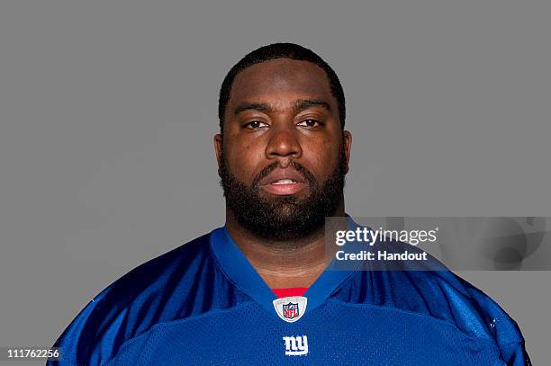 In this handout image provided by the NFL, Guy Whimper of the New York Giants poses for his 2010 NFL headshot circa 2010 in East Rutherford, New...