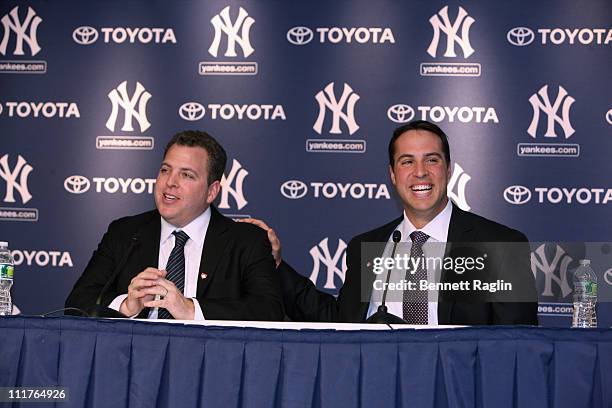 Richard Berlin, Executive Director of Harlem RBI and New York Yankee Mark Teixeira attend a press conference to launch New York Yankees' Mark...