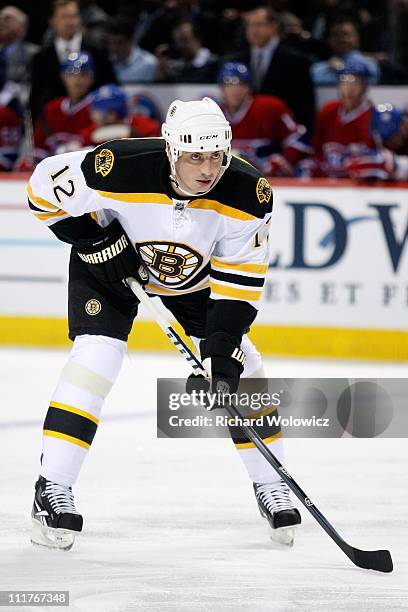 Tomas Kaberle of the Boston Bruins waits for a faceoff during the NHL game against the Montreal Canadiens at the Bell Centre on March 8, 2011 in...