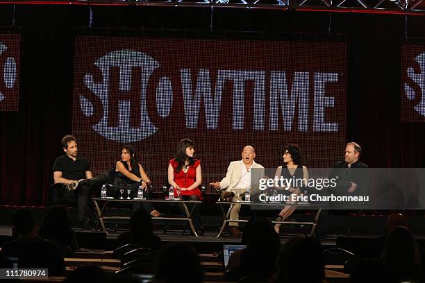 David Duchovny, Pamela Adlon, Madeleine Martin, Evan Handler, Carla Gugino and Creator/Eec. Producer Tom Kapinos at Showtime's 2011 Winter TCA at...