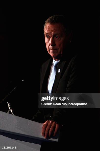 Guy Drut, IOC's Evaluation Commission member speaks during the 2018 Olympics Winter Games bid presentation for Annecy at the Park Plaza Westminster...