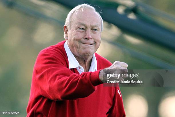 Arnold Palmer watches the ceremonial first tee shot to start the first round of the 2011 Masters Tournament at Augusta National Golf Club on April 7,...