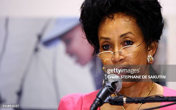 South African Defense Minister Lindiwe Sisulu gives a press conference on April 7, 2011 in Johannesburg about the country's military role on the...