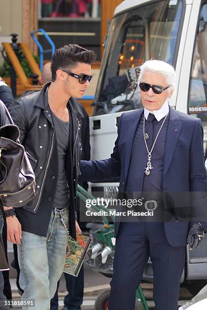 Model Baptiste Giabiconi and designer Karl Lagerfeld during the last day of Karl Lagerfeld's Chanel shooting 'le conte d'une fee' at Monte Carlo on...