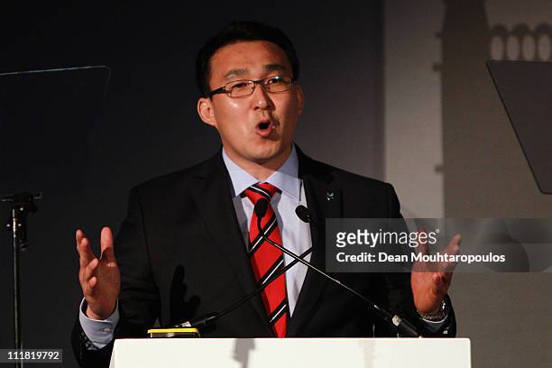 Vice President of FIBT and four-time winter Olympian, Kwang-Bae Kang speaks during the 2018 Olympics Winter Games bid presentation for Pyeongchang at...