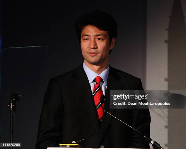 Member and Olympic Champion, Dae Sung Moon speaks during the 2018 Olympics Winter Games bid presentation for Pyeongchang at the Park Plaza...