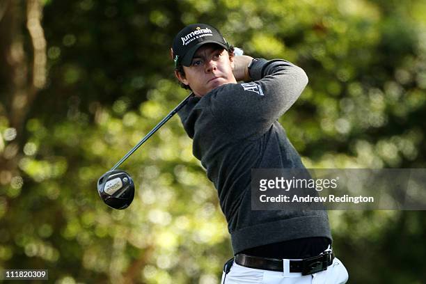 Rory McIlroy of Northern Ireland hits his tee shot on the second hole during the first round of the 2011 Masters Tournament at Augusta National Golf...