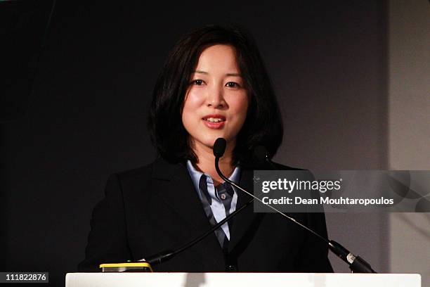 Director of Communications for Pyeongchang 2018, Theresa Rah speaks during the 2018 Olympics Winter Games bid presentation for Pyeongchang at the...