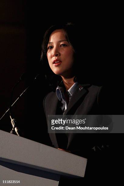 Director of Communications for Pyeongchang 2018, Theresa Rah speaks during the 2018 Olympics Winter Games bid presentation for Pyeongchang at the...