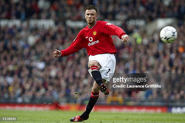 David Beckham of Manchester United takes a trademark free-kick during the FA Barclaycard Premiership match between Manchester United and...