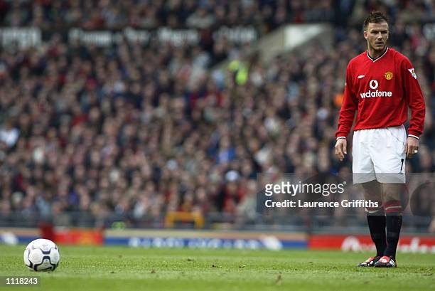 David Beckham of Manchester United prepares to take a trademark free-kick during the FA Barclaycard Premiership match between Manchester United and...