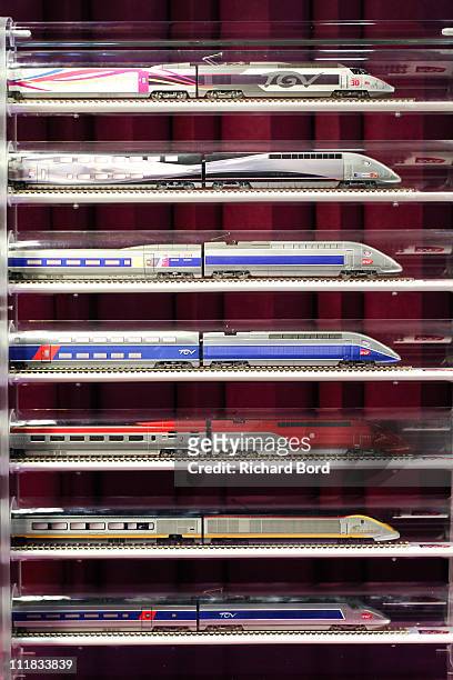 Miniature trains including TGV, Eurostar and Thalys are seen during the SNCF presentation at Gare Montparnasse on April 7, 2011 in Paris, France....