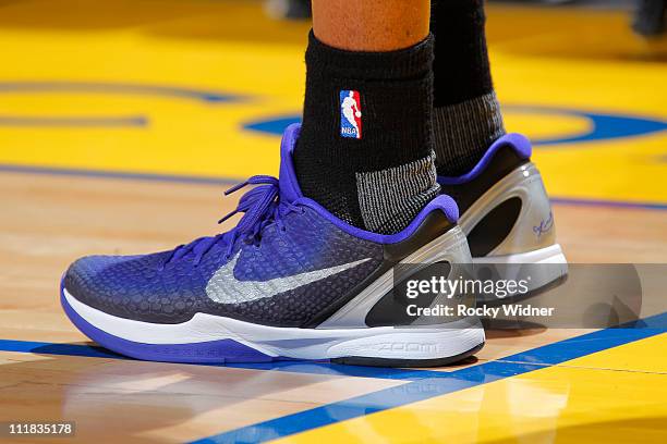 Close up shot of the shoes of Kobe Bryant of the Los Angeles Lakers during a game against the Golden State Warriors on April 6, 2011 at Oracle Arena...