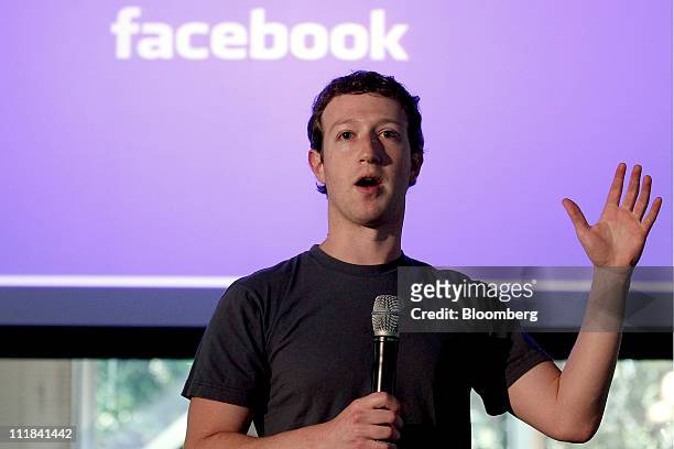 Mark Zuckerberg, co-founder and chief executive officer of Facebook Inc., speaks during a news conference at the company's headquarters in Palo Alto,...