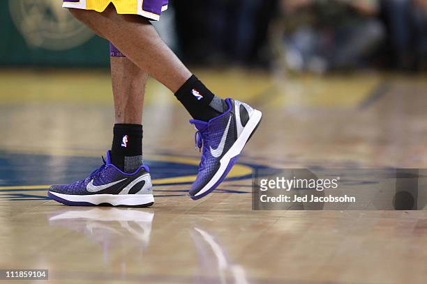 Detail of the shoes of Kobe Bryant of the Los Angeles Lakers against the Golden State Warriors at Oracle Arena on APRIL 6, 2011 in Oakland,...