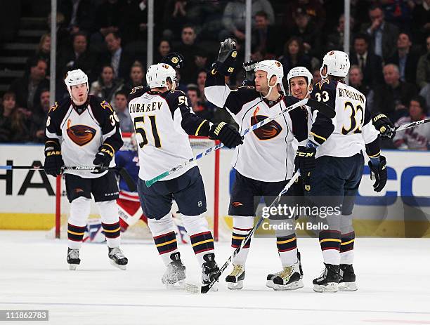 Rob Schremp of the Atlanta Thrashers celebrates his goal against the New York Rangers during their game on April 7, 2011 at Madison Square Garden in...