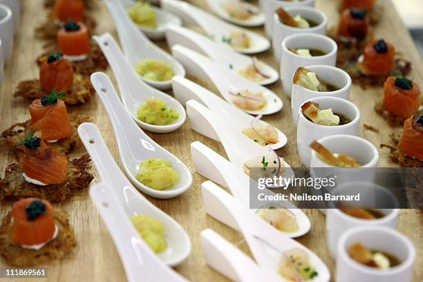 View of the Smoked trout, mustard sauce, Radishes hors d'oeuvres, the Cognac cured cod, Celery-pear salad, mushroom remoulade hors d'oeuvres, the...