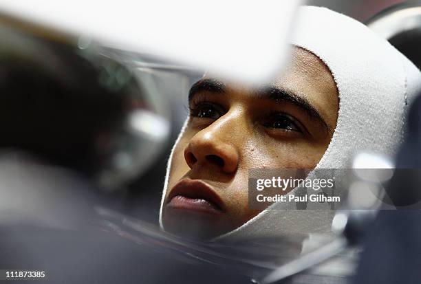 Lewis Hamilton of Great Britain and McLaren prepares to drive during practice for the Malaysian Formula One Grand Prix at the Sepang Circuit on April...