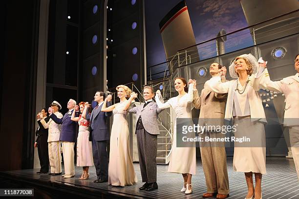 Sutton Foster and Joel Grey and the cast of the Broadway play "Anything Goes" takes a bow during curtain call opening night of "Anything Goes" at...