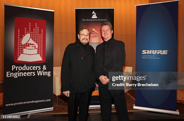 Phil Ramone and Mark Brunner attend GRAMMY SoundTables: Behind the Glass with Phil Ramone at Shure, Inc on April 7, 2011 in Niles, Illinois.