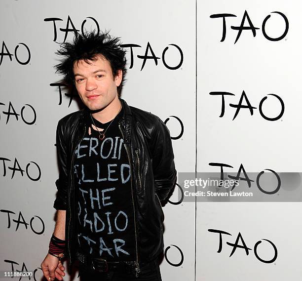 Musician/singer Deryck Whibley from the band "Sum 41" arrives to celebrate his birthday at Tao Nightclub at the Venetian on April 7, 2011 in Las...