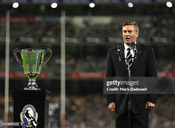 Eddie McGuire President of the Collingwood Football Club officiates the flag raising ceremony during the round three AFL match between the...