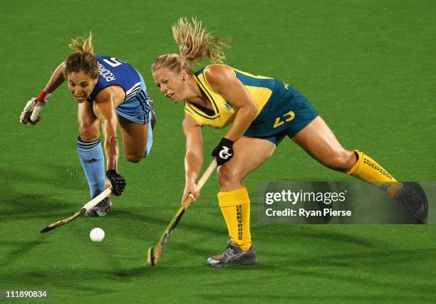 Jade Warrender of Australia competes against Ana Macarena Rodriguez Perez of Argentina during game three of the International Test Series between the...