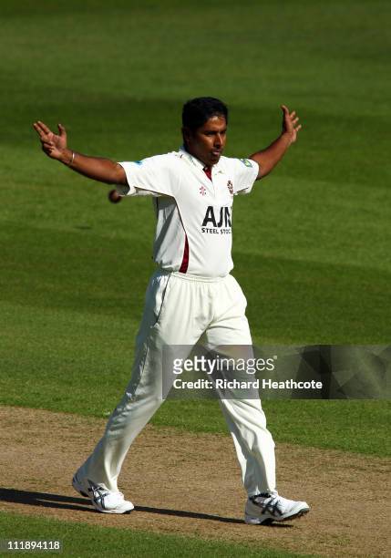 Chaminda Vaas of Northants celebrates taking the wicket of Michael Brown of Surrey with the second ball of the match during the first day of the LV=...