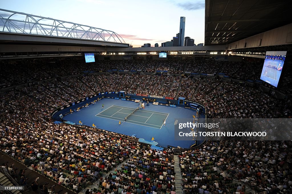 The sun sets over the Rod Laver Arena as