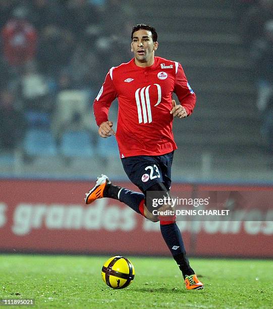 Lille's french defender Adil Rami controls the ball during the French L1 football match Lille vs Lens on January 29 2011 at Lille metropole stadium...