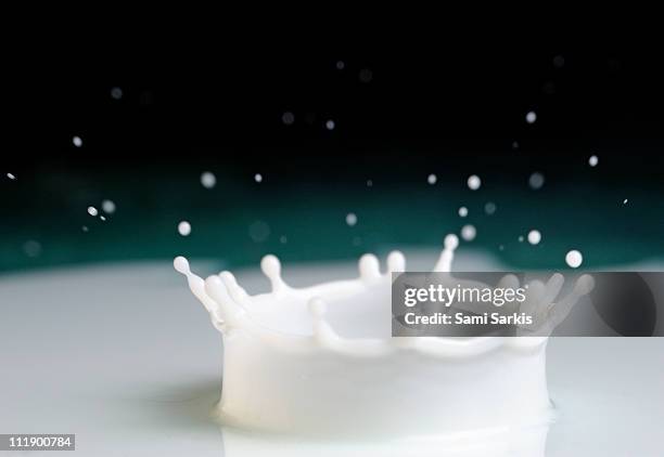 drop of milk splashing, close up - splash crown stock pictures, royalty-free photos & images