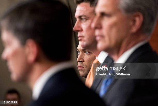 From left, House Republican Conference Chairman Jeb Hensarling, R-Texas, Reps. Michael Grimm, R-N.Y., Duncan Hunter, R-Calif., and House Majority...