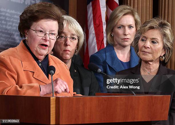 Sen. Barbara Mikulski speaks as Sen. Patty Murray , Sen. Kirsten Gillibrand , and Sen. Barbara Boxer listen during a news conference April 8, 2011 on...