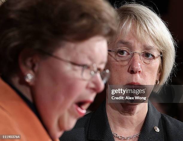 Sen. Barbara Mikulski speaks as Sen. Patty Murray listens during a news conference April 8, 2011 on Capitol Hill in Washington, DC. Democratic women...