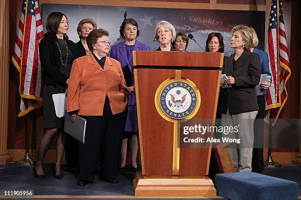 Sen. Patty Murray speaks as Sen. Maria Cantwell , Sen. Debbie Stabenow , Sen. Barbara Mikulski , Sen. Dianne Feinstein , Sen. Amy Klobuchar , Sen....