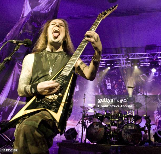 Alexi Laiho of Children Of Bodom performs on stage at O2 Academy on April 8, 2011 in Birmingham, United Kingdom.