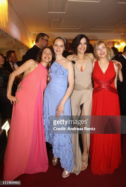 Jana Pallaske; Jeanette Hain, Bettina Zimmermann and Nadja Uhl attend the German Film Awards party at Friedrichstadtpalast on April 8, 2011 in...